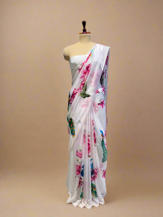 OFF-WHITE PRINTED HABUTAI SILK SAREE