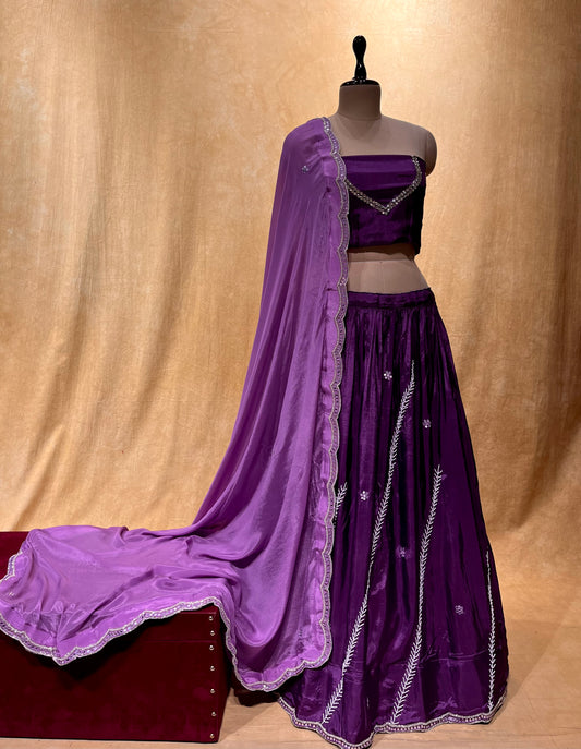 PURPLE COLOUR CREPE SILK EMBROIDERED MIRROR WORK LEHENGA WITH CHINON DUPATTA EMBELLISHED WITH MIRROR & PEARL WORK