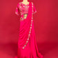 ( DELIVERY IN 25 DAYS ) HOT PINK COLOUR CHINON READYMADE HAND EMBROIDERED SAREE EMBELLISHED WITH CUTDANA AND BEADS WORK