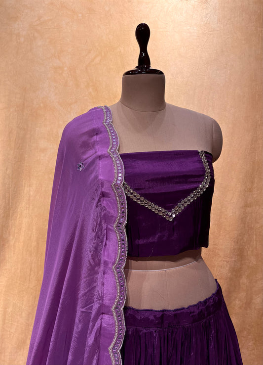 PURPLE COLOUR CREPE SILK EMBROIDERED MIRROR WORK LEHENGA WITH CHINON DUPATTA EMBELLISHED WITH MIRROR & PEARL WORK