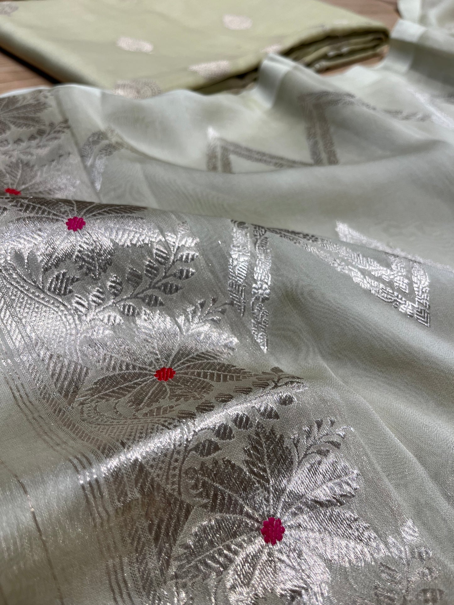 PISTA COLOUR CHANDERI SILK UNSTITCHED SUIT EMBELLISHED WITH ZARI WEAVES