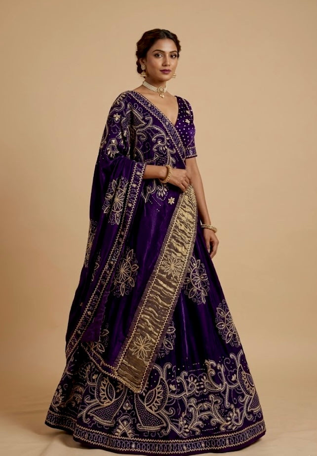 PURPLE COLOUR GAJJI SILK BANDHANI LEHENGA WITH UNSTITCHED BLOUSE EMBELLISHED WITH GOTA PATTI WORK - Kothari Sons