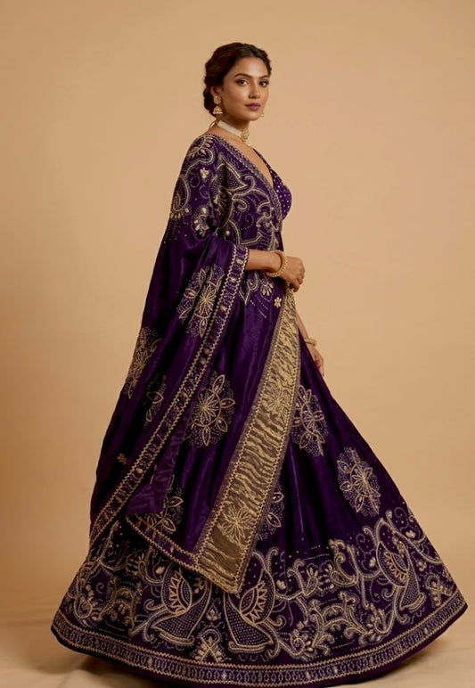 PURPLE COLOUR GAJJI SILK BANDHANI LEHENGA WITH UNSTITCHED BLOUSE EMBELLISHED WITH GOTA PATTI WORK