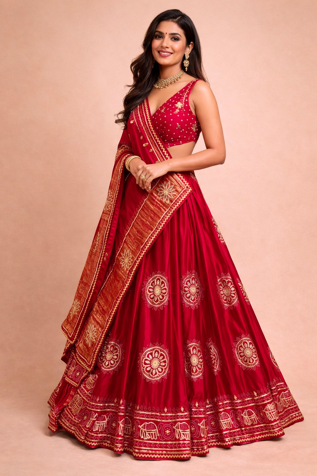 HOT PINK COLOUR GAJJI SILK BANDHANI LEHENGA WITH UNSTITCHED BLOUSE EMBELLISHED WITH GOTA PATTI WORK - Kothari Sons