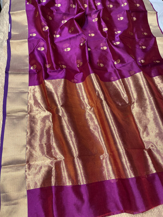 MAGENTA COLOUR PURE CHANDERI PATTU SILK SAREE EMBELLISHED WITH ZARI WEAVES