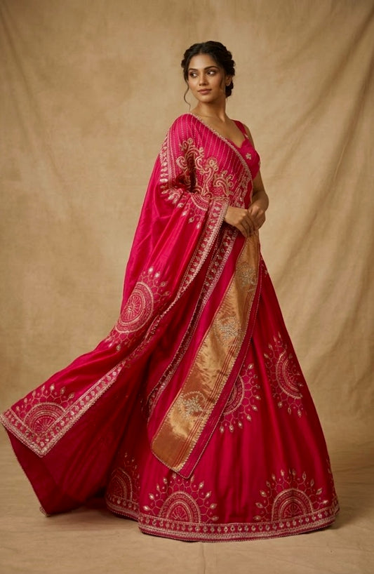 PINK COLOUR GAJJI SILK BANDHANI LEHENGA WITH UNSTITCHED BLOUSE EMBELLISHED WITH GOTA PATTI WORK