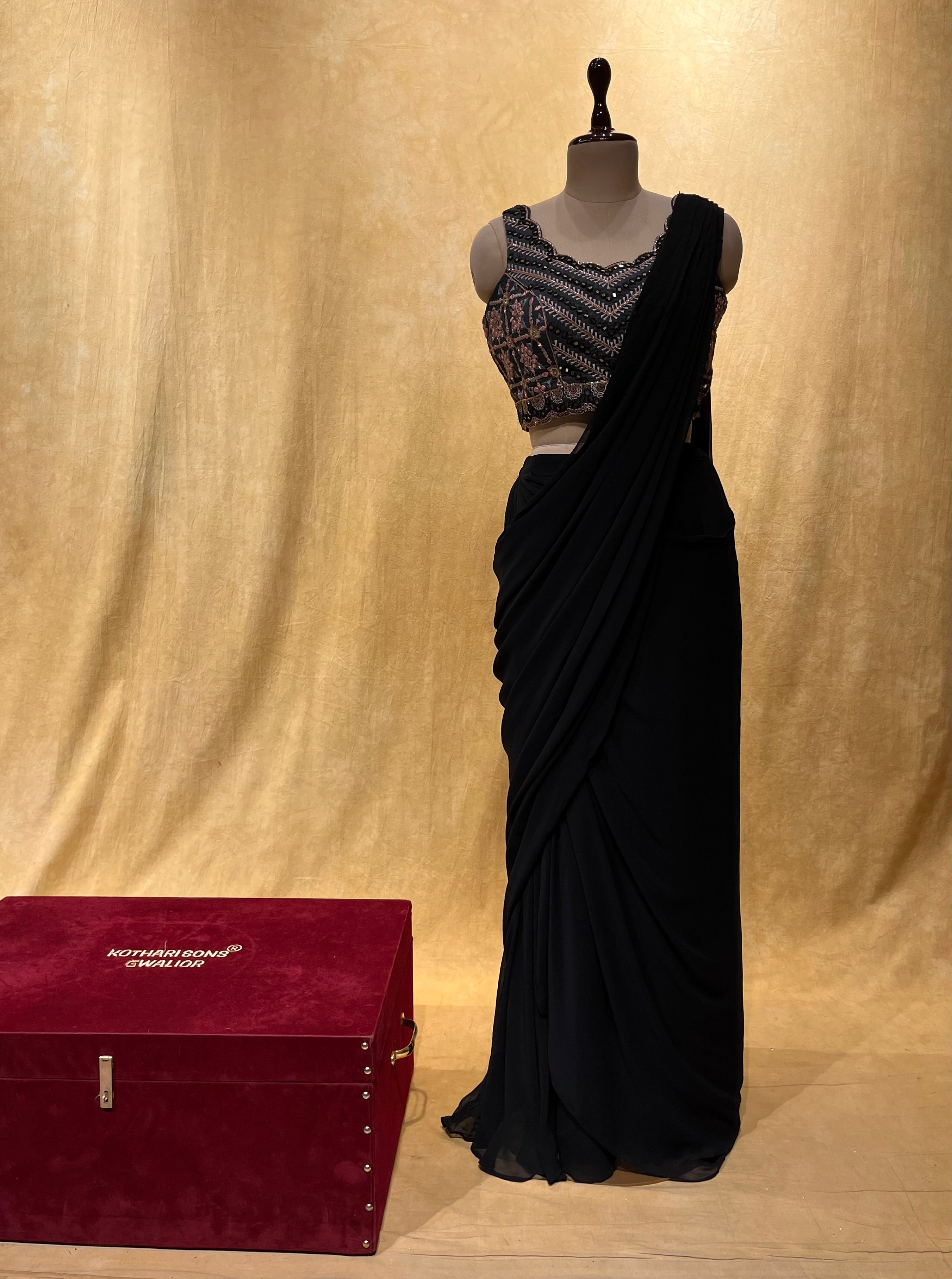 Buy Jet Black Embroidered Ready-Pleated Organza Saree