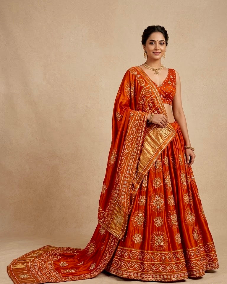 ORANGE COLOUR GAJJI SILK BANDHANI LEHENGA WITH UNSTITCHED BLOUSE EMBELLISHED WITH GOTA PATTI WORK - Kothari Sons