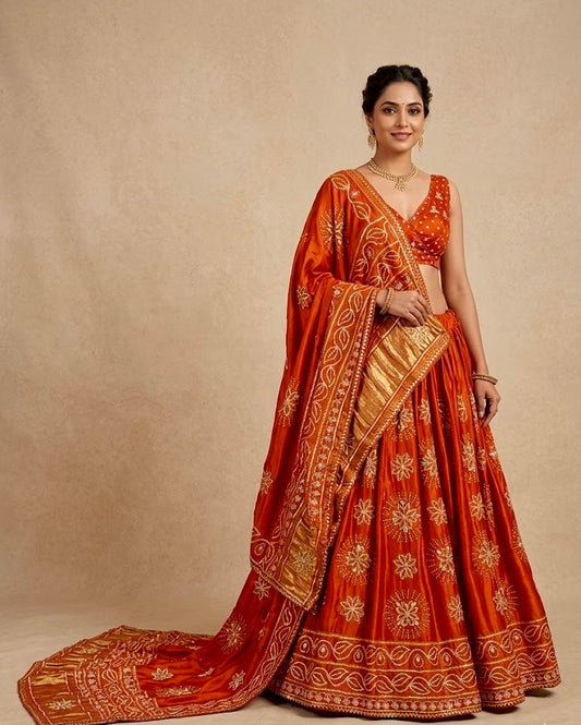 ORANGE COLOUR GAJJI SILK BANDHANI LEHENGA WITH UNSTITCHED BLOUSE EMBELLISHED WITH GOTA PATTI WORK