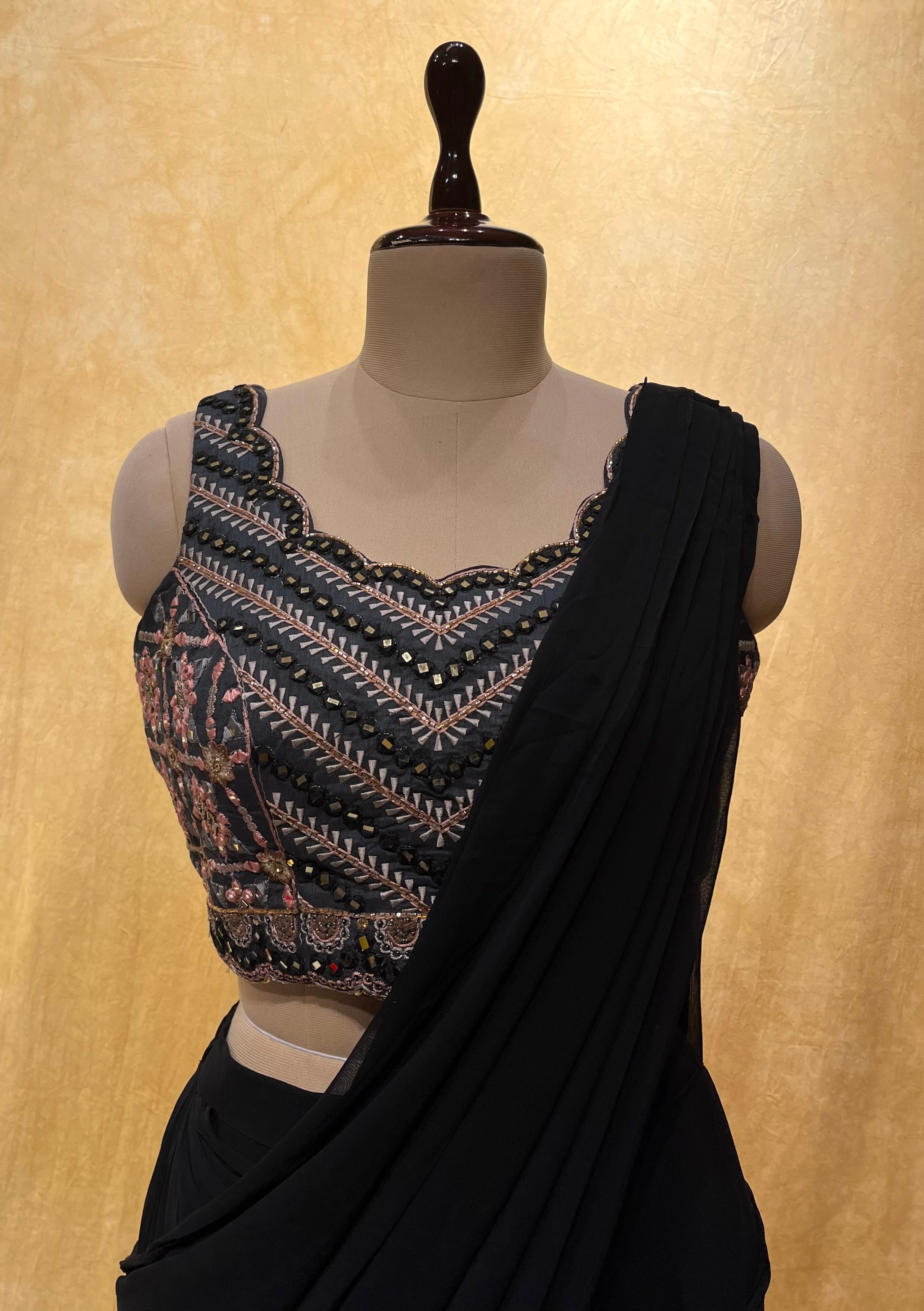 Black Silk Crepe Satin Readymade Saree | Party wear indian dresses, Saree  designs, Black saree