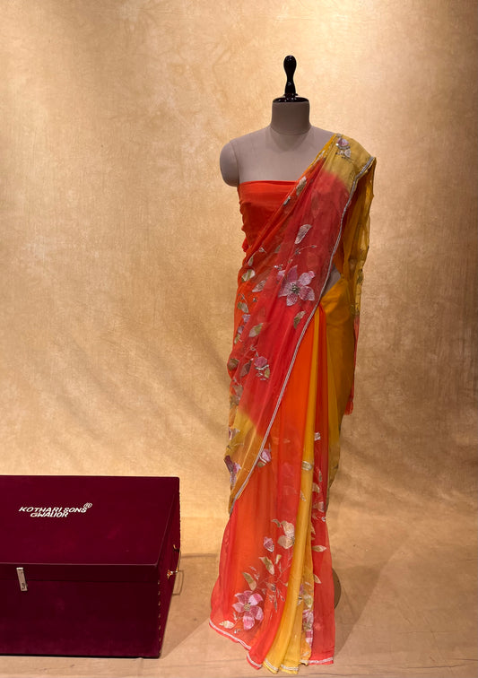 ( DELIVERY IN 25 DAYS ) SHADED CHIFFON HAND EMBROIDERED SAREE EMBELLISHED WITH SEQUINS & AARI WORK