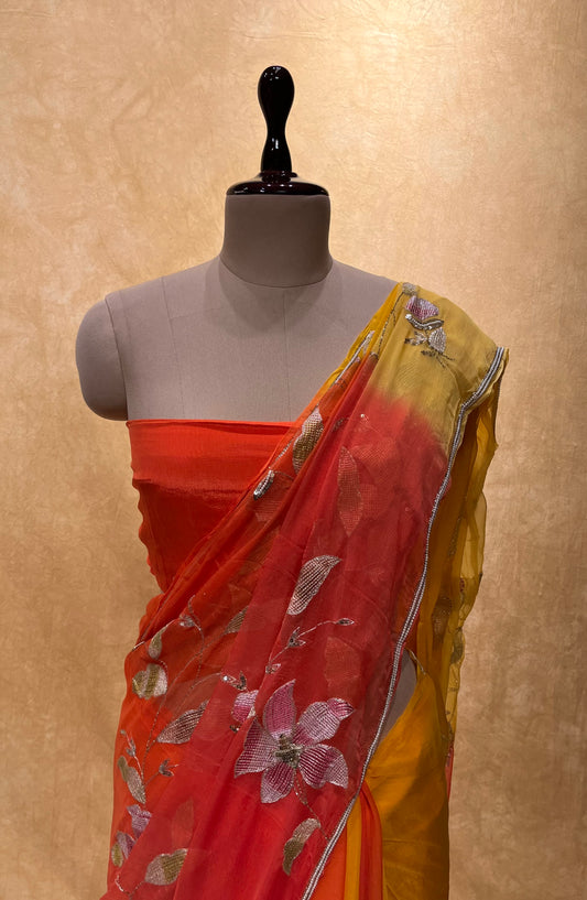 ( DELIVERY IN 25 DAYS ) SHADED CHIFFON HAND EMBROIDERED SAREE EMBELLISHED WITH SEQUINS & AARI WORK