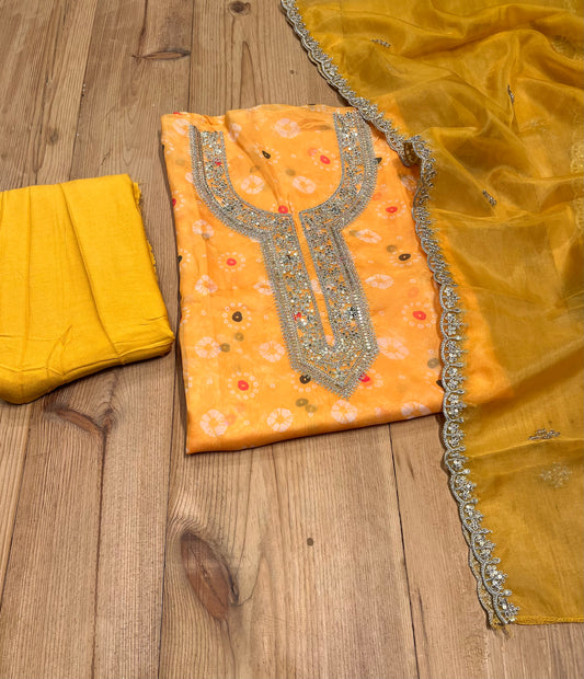 YELLOW COLOUR ORGANZA BANDHANI UNSTITCHED SUIT EMBELLISHED WITH ZARI EMBROIDERY