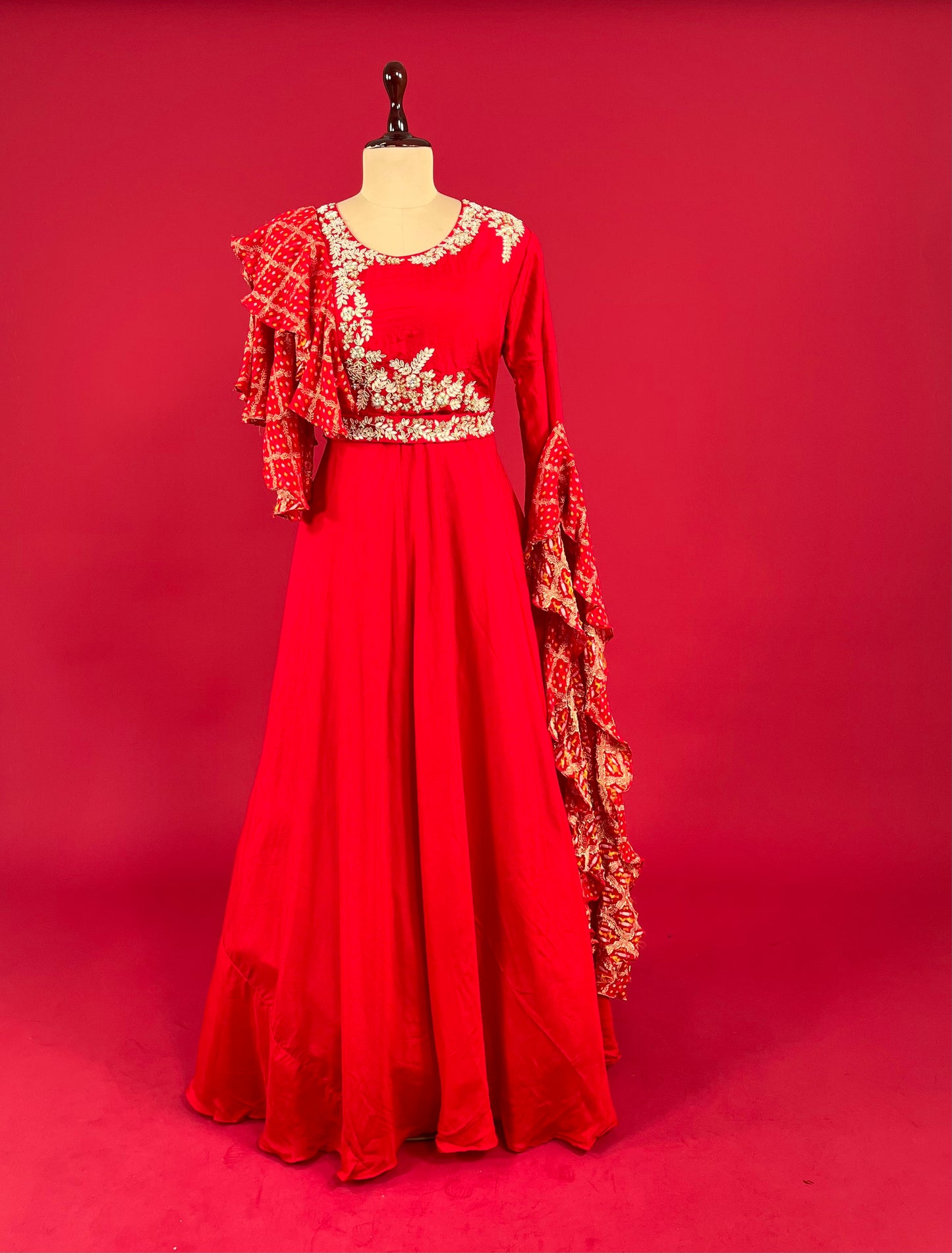 RED COLOUR SILK GOWN EMBELLISHED WITH SEQUINS AND GOTA PATTI WORK
