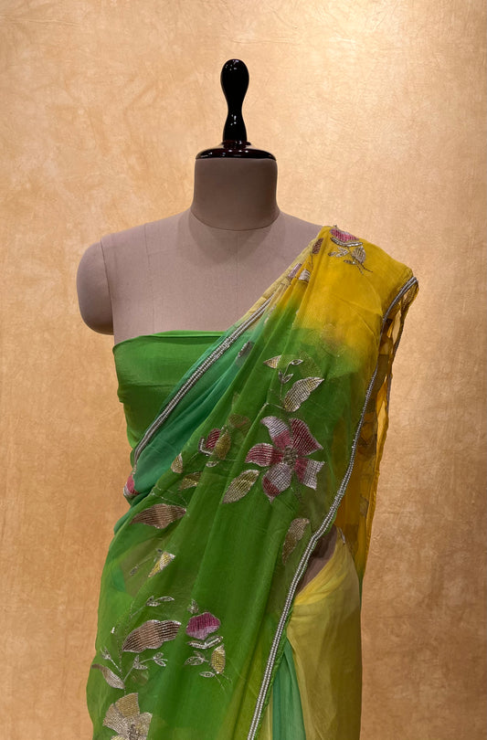 ( DELIVERY IN 25 DAYS ) SHADED CHIFFON HAND EMBROIDERED SAREE EMBELLISHED WITH AARI & SEQUINS WORK