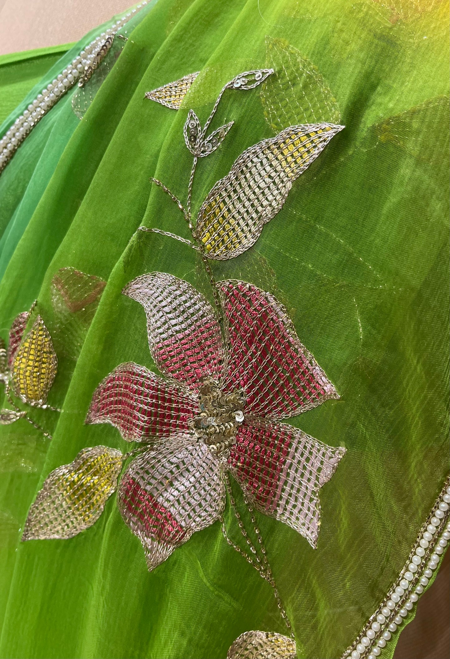 ( DELIVERY IN 25 DAYS ) SHADED CHIFFON HAND EMBROIDERED SAREE EMBELLISHED WITH AARI & SEQUINS WORK