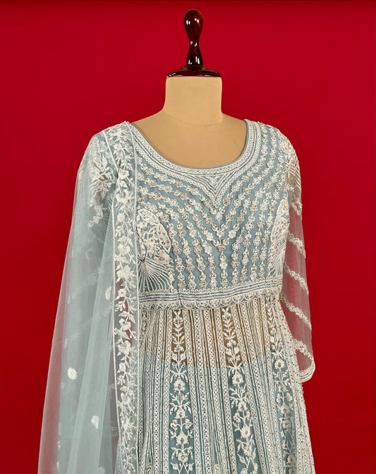 ( DELIVERY IN 15-20 DAYS ) SKY BLUE COLOUR NET HAND EMBROIDERED SHARARA SUIT EMBELLISHED WITH SEQUINS AND RESHAM Work