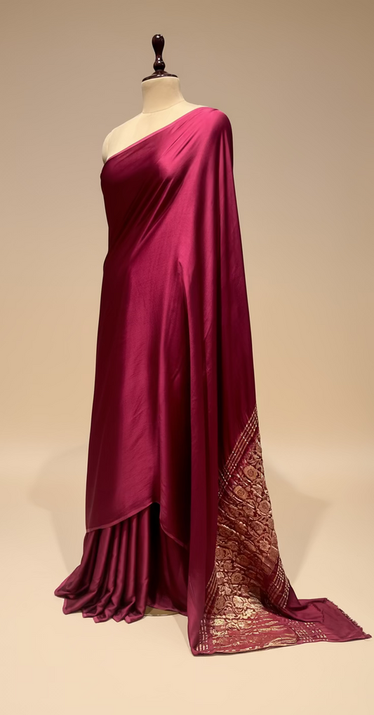 BURGUNDY COLOUR MODAL SILK SATIN SAREE WITH BANARASI PALLA