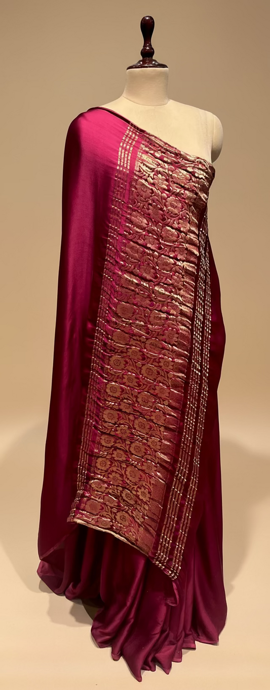 BURGUNDY COLOUR MODAL SILK SATIN SAREE WITH BANARASI PALLA