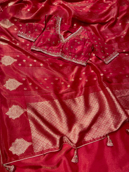 RED DOLA TISSUE SILK SAREE WITH PEARL & CUTDANA EMBELLISHED READYMADE BLOUSE