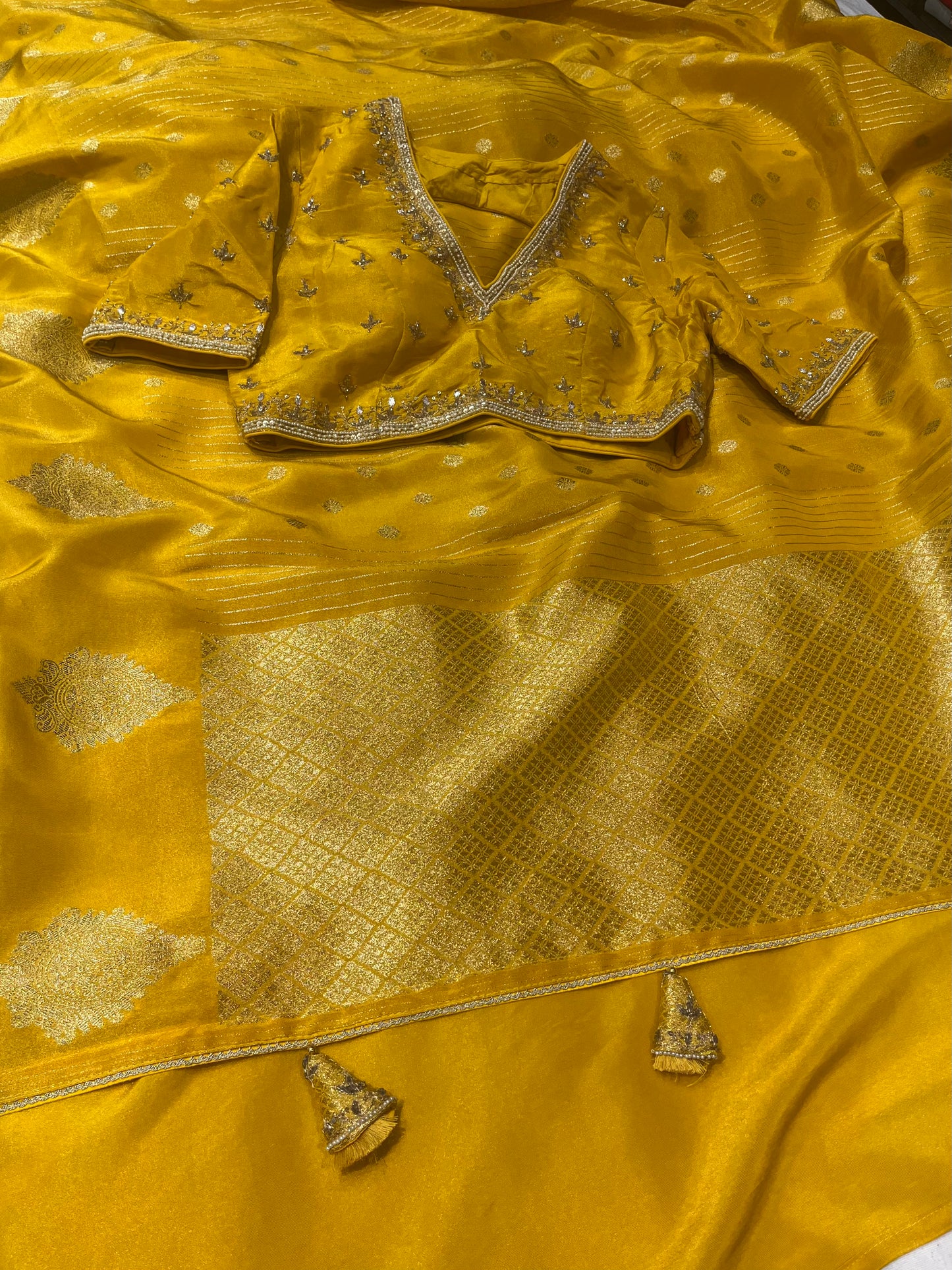 YELLOW DOLA TISSUE SILK SAREE WITH PEARL & CUTDANA EMBELLISHED READYMADE BLOUSE