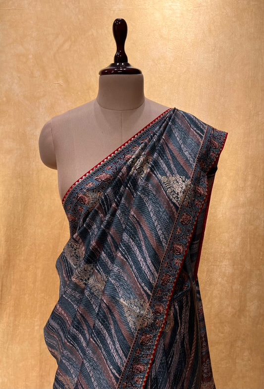 GREY BLUE COLOUR DOLA SILK PRINTED SAREE EMBELLISHED WITH ZARI BOOTA