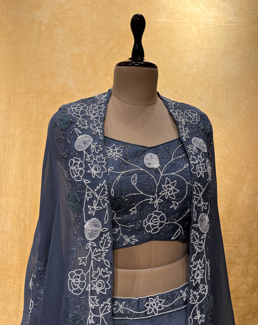 GREY COLOR CREPE SILK WITH CROP TOP BLOUSE & ORGANZA SHRUG EMBELLISHED WITH CUTDANA & BEADS WORK