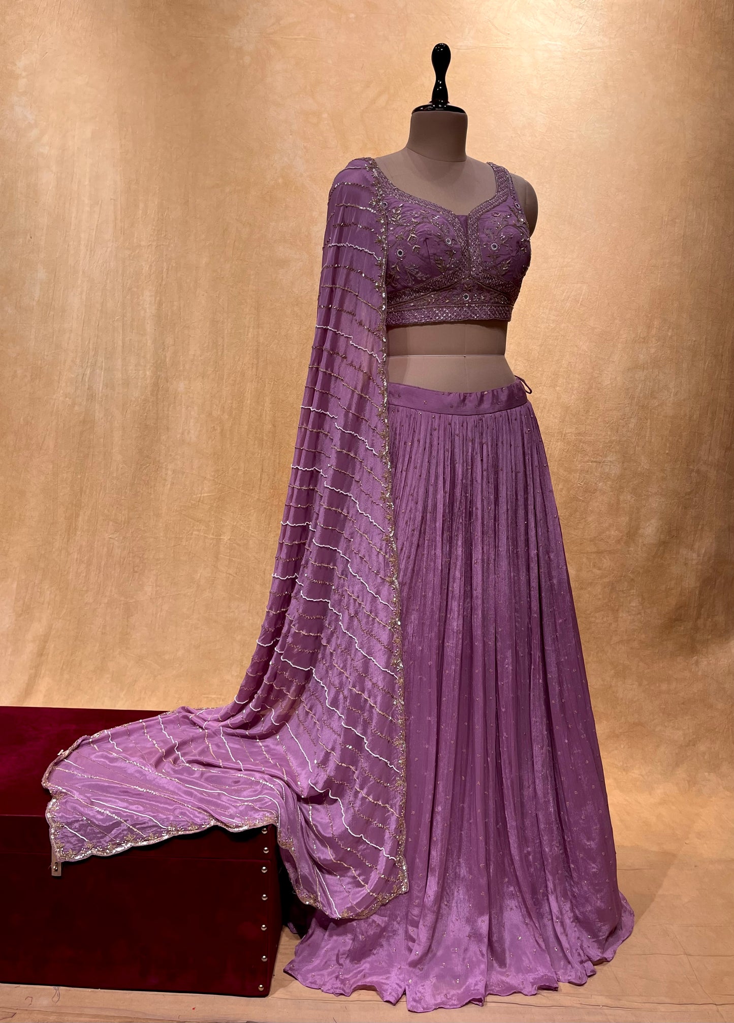 LEVANDER COLOR CHINON LEHENGA WITH CROP TOP BLOUSE EMBELLISHED WITH CUTDANA, ZARDOZI & SEQUINS WORK