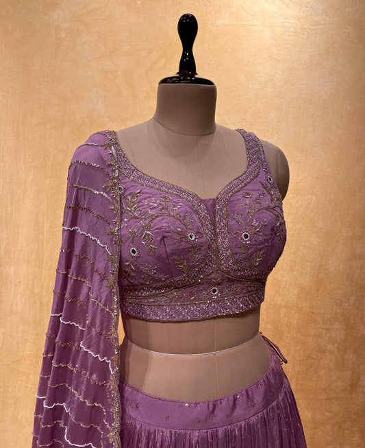 LEVANDER COLOR CHINON LEHENGA WITH CROP TOP BLOUSE EMBELLISHED WITH CUTDANA, ZARDOZI & SEQUINS WORK