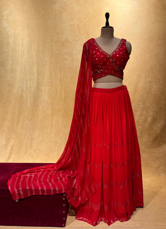 RED COLOR GEORGETTE LEHENGA WITH READYMADE CROP TOP BLOUSE & CHIFFON DUPATTA EMBELLISHED WITH SEQUINS & MIRROR WORK