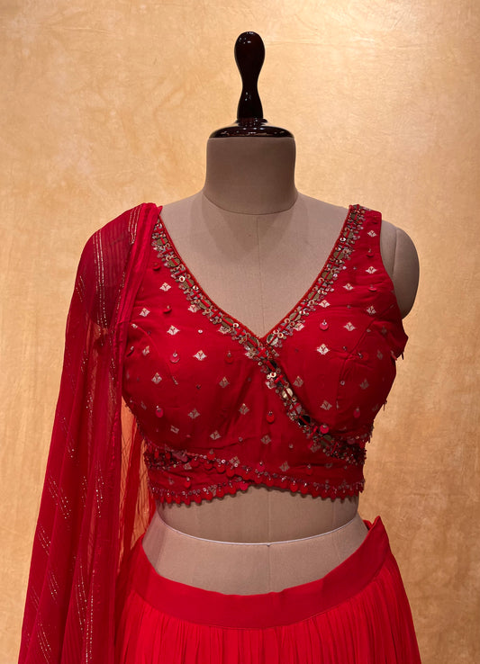 RED COLOR GEORGETTE LEHENGA WITH READYMADE CROP TOP BLOUSE & CHIFFON DUPATTA EMBELLISHED WITH SEQUINS & MIRROR WORK