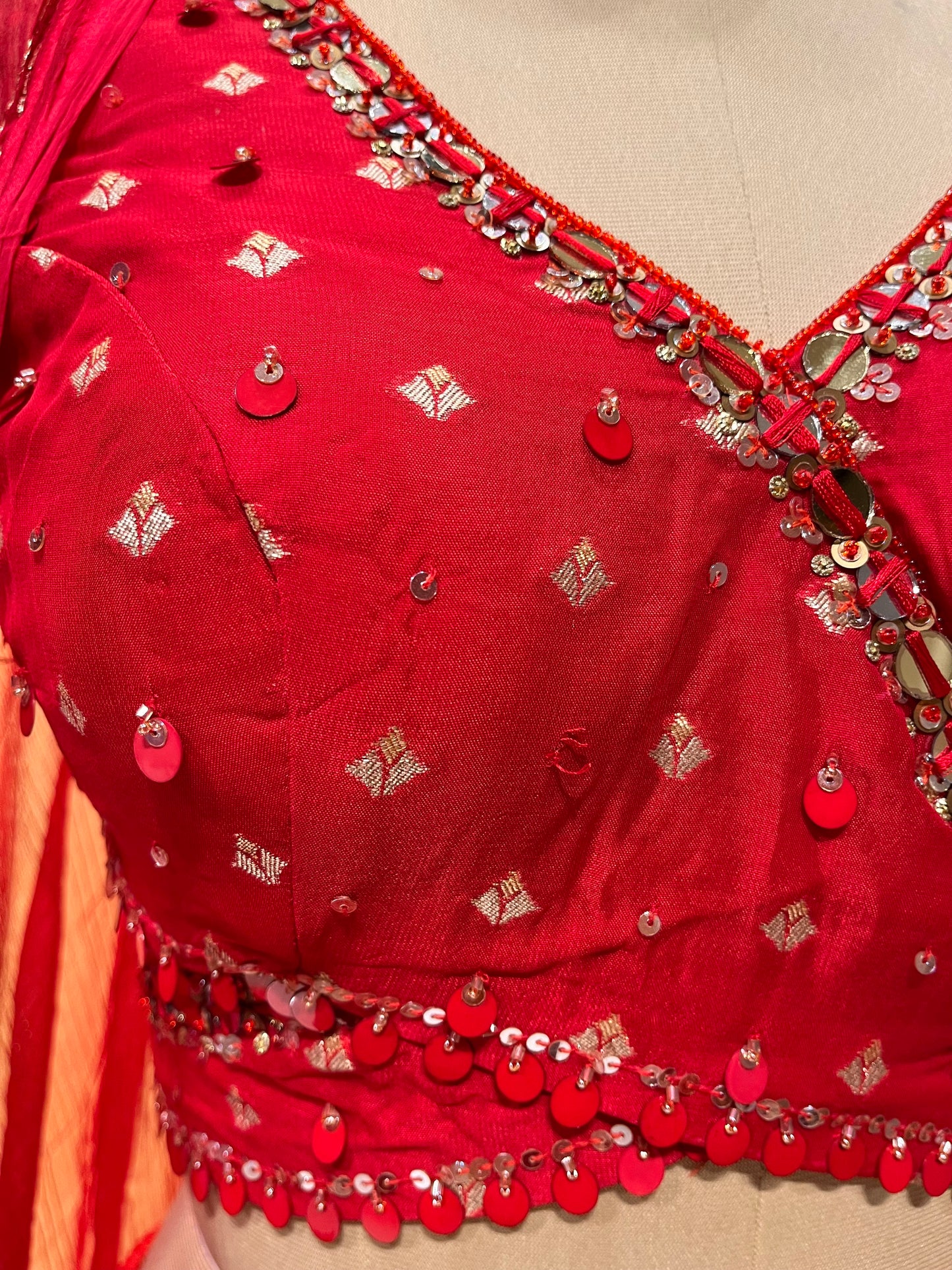 RED COLOR GEORGETTE LEHENGA WITH READYMADE CROP TOP BLOUSE & CHIFFON DUPATTA EMBELLISHED WITH SEQUINS & MIRROR WORK