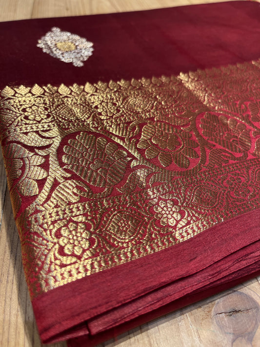 MAROON COLOUR PURE BANARASI SILK/CHINIYA SILK SAREE EMBELLIZED WITH ZARI WEAVES