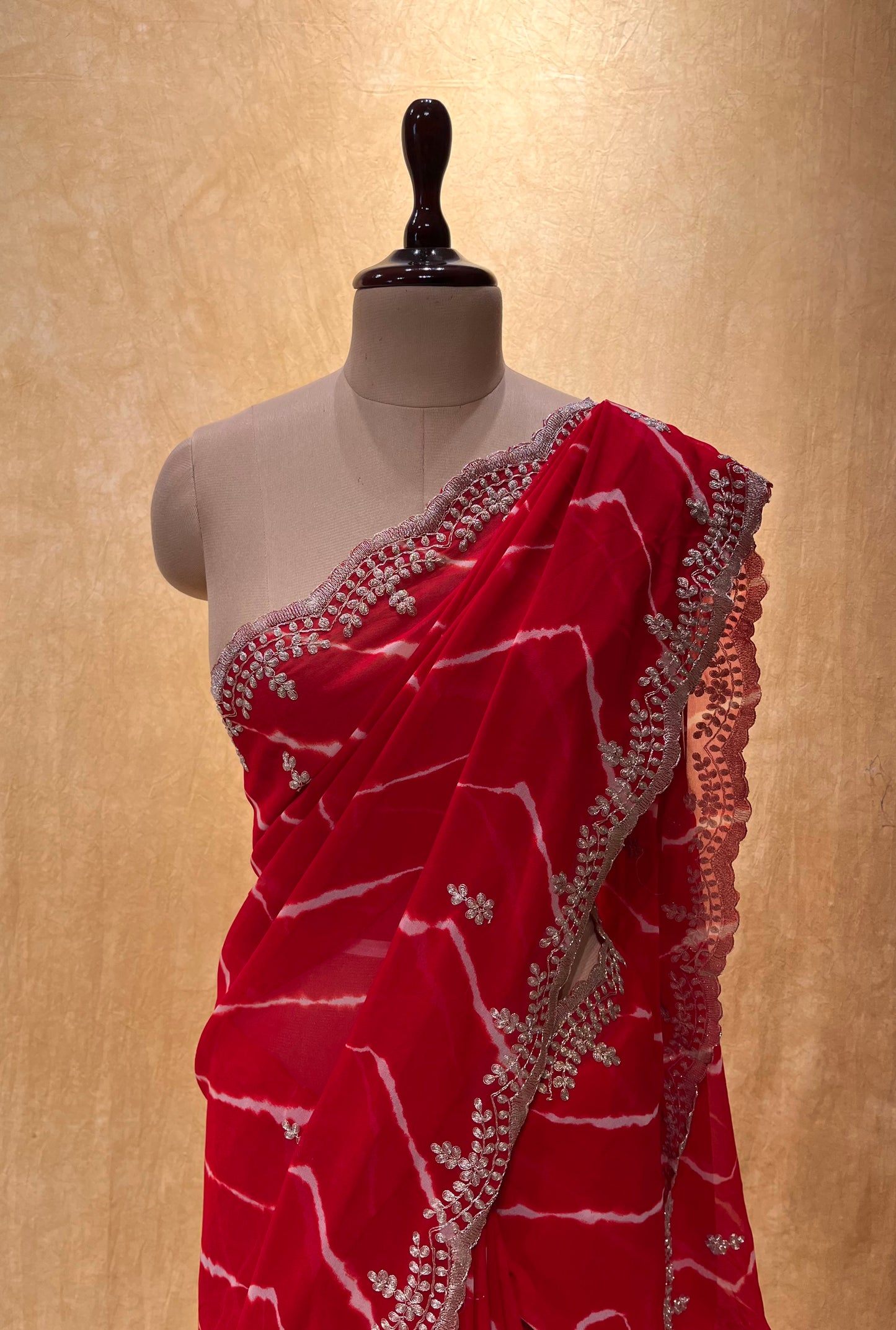 RED COLOUR GEORGETTE LEHERIYA SAREE EMBELLISHED WITH KASAB EMBROIDERY