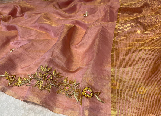 ( DELIVERY IN 25 DAYS ) PINK COLOUR PURE CHANDERI TISSUE HAND EMBROIDERED SAREE EMBELLISHED WITH ZARI & CUTDANA WORK