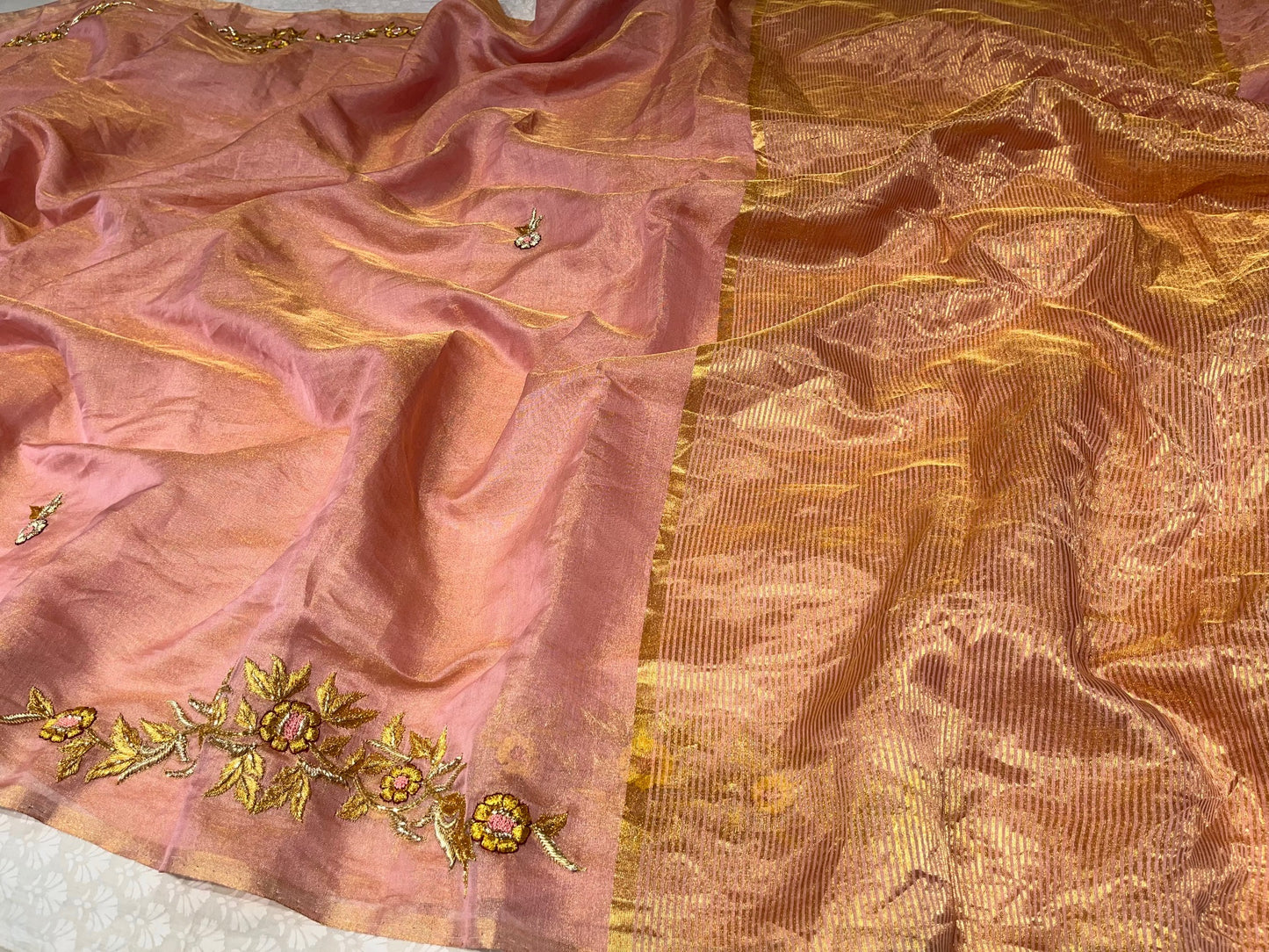 ( DELIVERY IN 25 DAYS ) PINK COLOUR PURE CHANDERI TISSUE HAND EMBROIDERED SAREE EMBELLISHED WITH ZARI & CUTDANA WORK