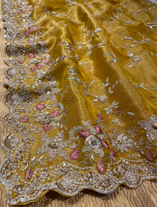 MUSTARD COLOUR TISSUE EMBROIDERED SAREE EMBELLISHED WITH SEQUINS ZARDOZI PEARL WORK