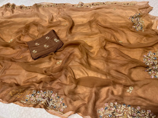 ( DELIVERY IN 20-25 DAYS ) BROWN SHADED CHIFFON HAND EMBROIDERED SAREE EMBELLISHED WITH ZARDOZI WORK