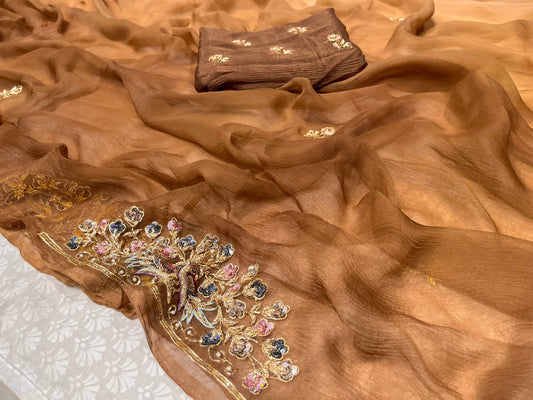 ( DELIVERY IN 20-25 DAYS ) BROWN SHADED CHIFFON HAND EMBROIDERED SAREE EMBELLISHED WITH ZARDOZI WORK