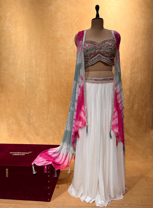 WHITE COLOUR GEORGETTE PALAZZO WITH EMBROIDERED CROP TOP BLOUSE & SHRUG EMBELLISHED WITH MIRROR WORK