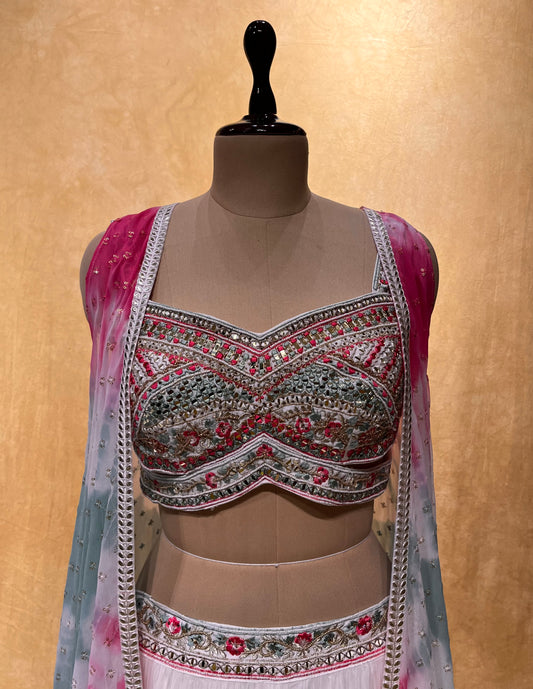 WHITE COLOUR GEORGETTE PALAZZO WITH EMBROIDERED CROP TOP BLOUSE & SHRUG EMBELLISHED WITH MIRROR WORK