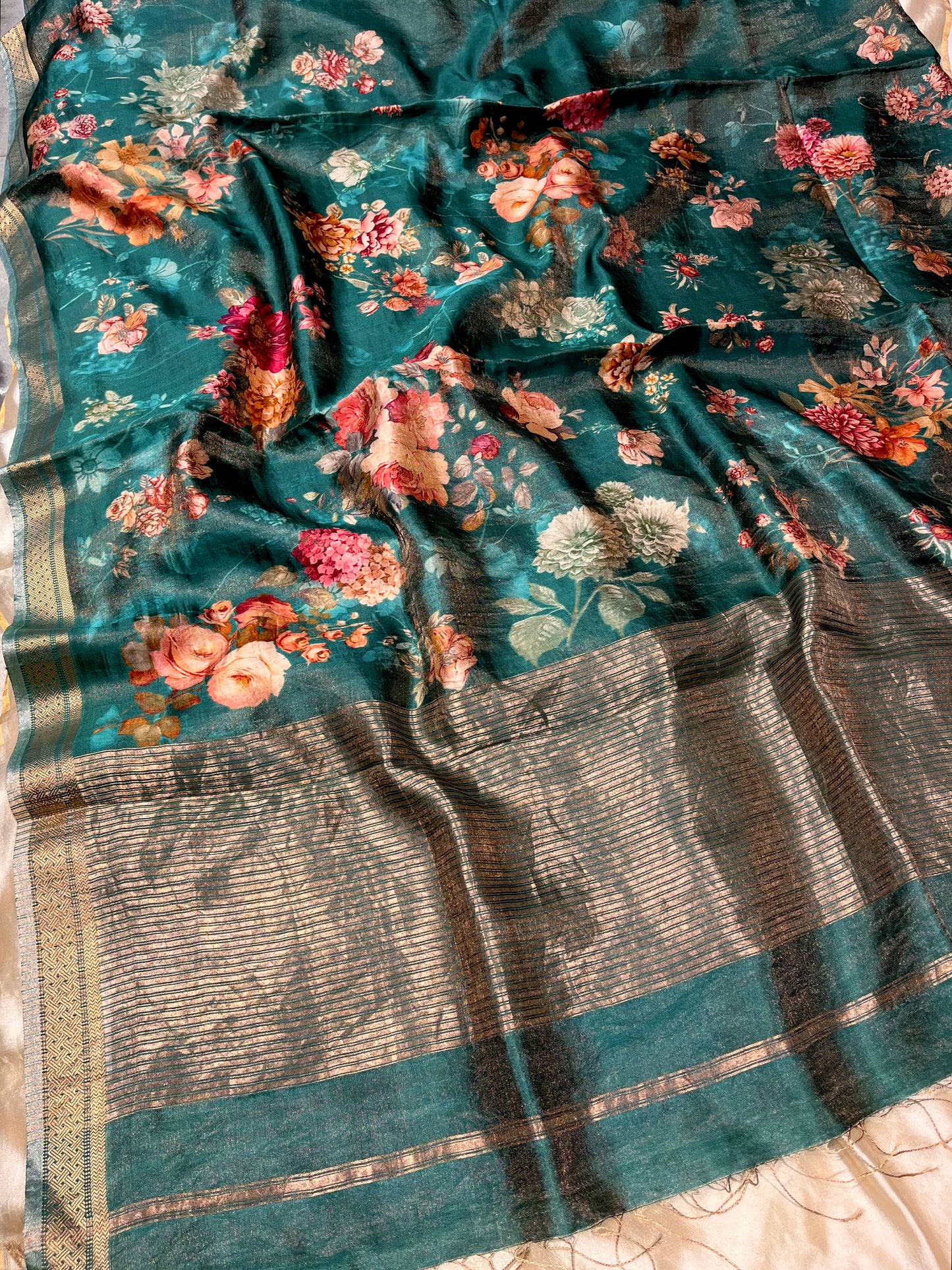 RAMA GREEN COLOUR PURE TUSSAR TISSUE PRINTED SAREE WITH ZARI BORDER