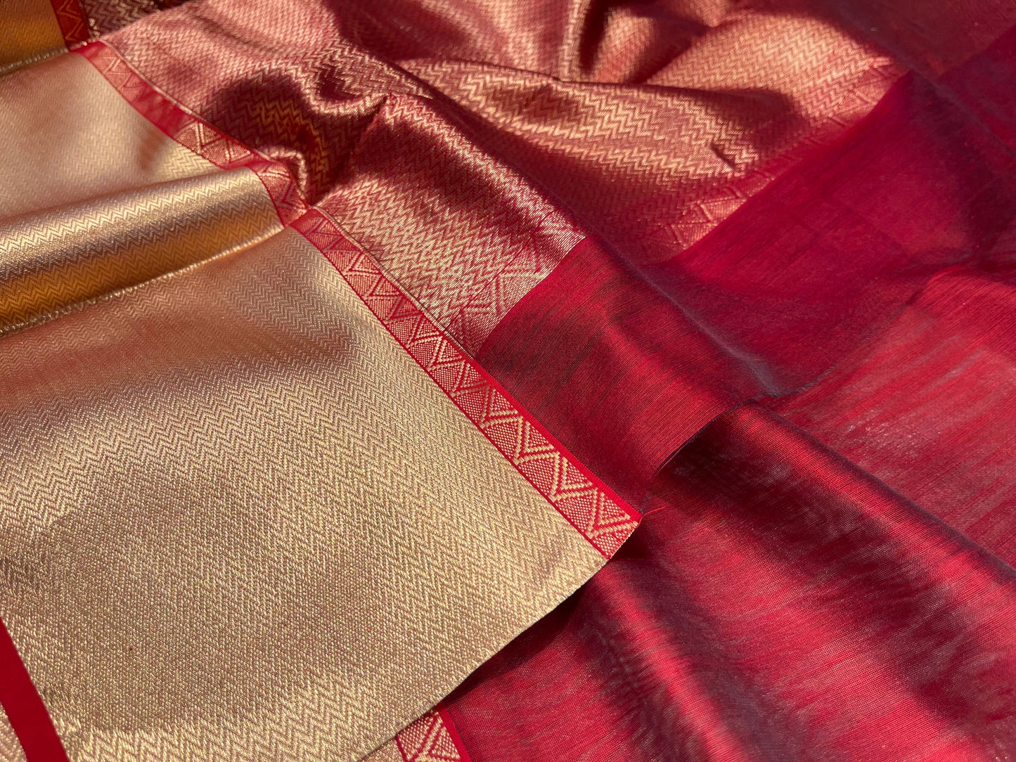 ( DELIVERY IN 25 DAYS ) RED COLOUR PURE CHANDERI SILK SAREE EMBELLISHED WITH ZARI BORDER