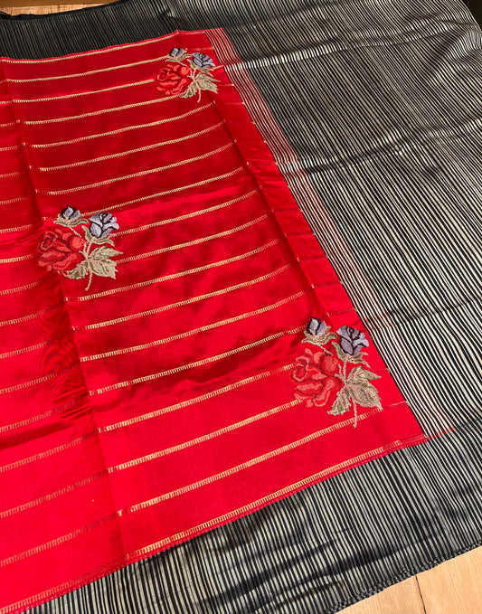 RED & BLACK COLOUR PURE SILK CROSS STITCHED EMBROIDERED SAREE