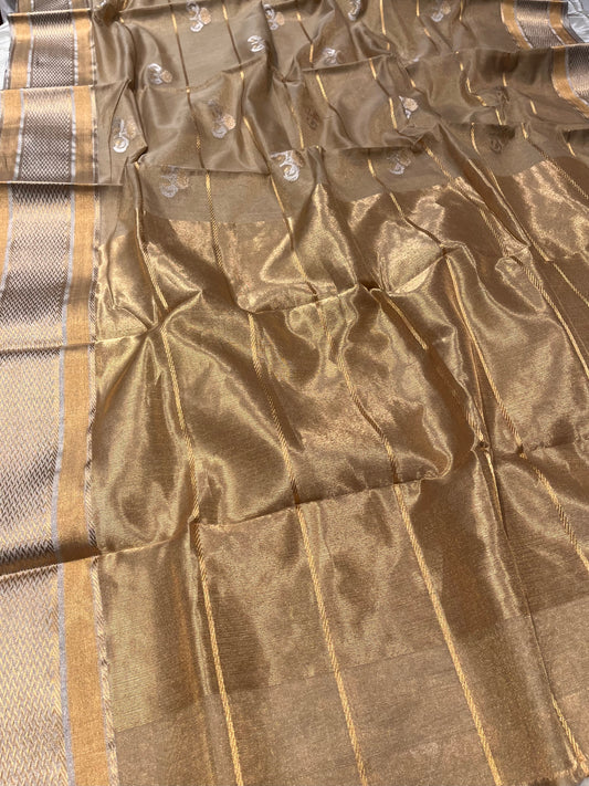 ( DELIVERY IN 25 DAYS ) GOLDEN COLOUR PURE CHANDERI TISSUE HANDLOOM  SAREE EMBELLISHED WITH ZARI WEAVES