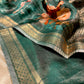 RAMA GREEN COLOUR PURE TUSSAR TISSUE PRINTED SAREE WITH ZARI BORDER