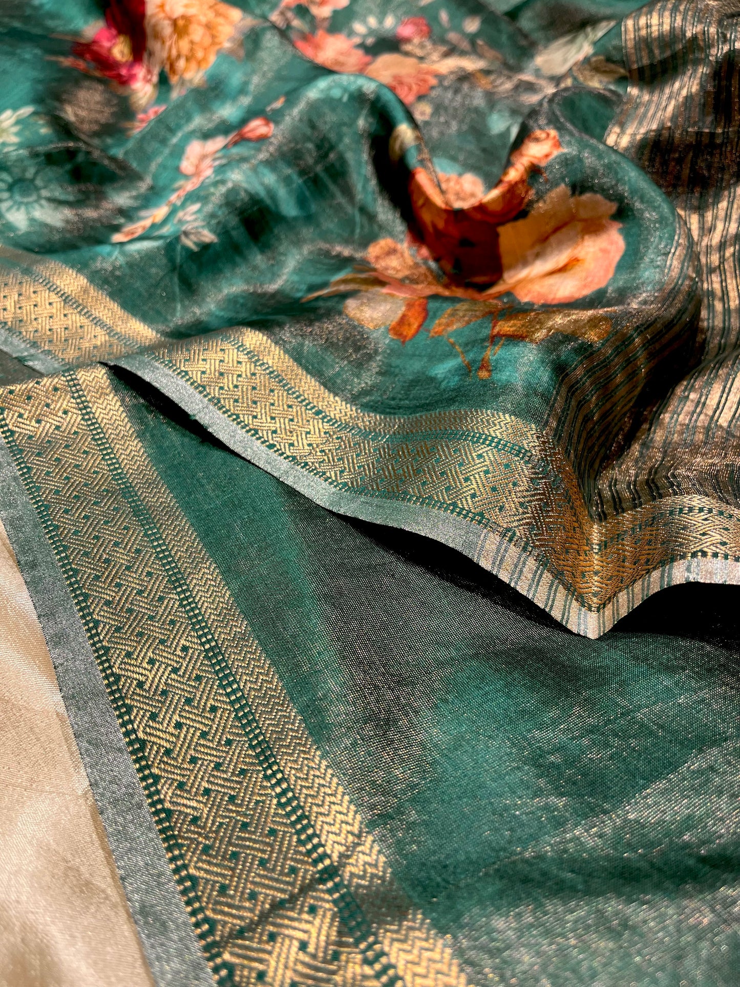 RAMA GREEN COLOUR PURE TUSSAR TISSUE PRINTED SAREE WITH ZARI BORDER