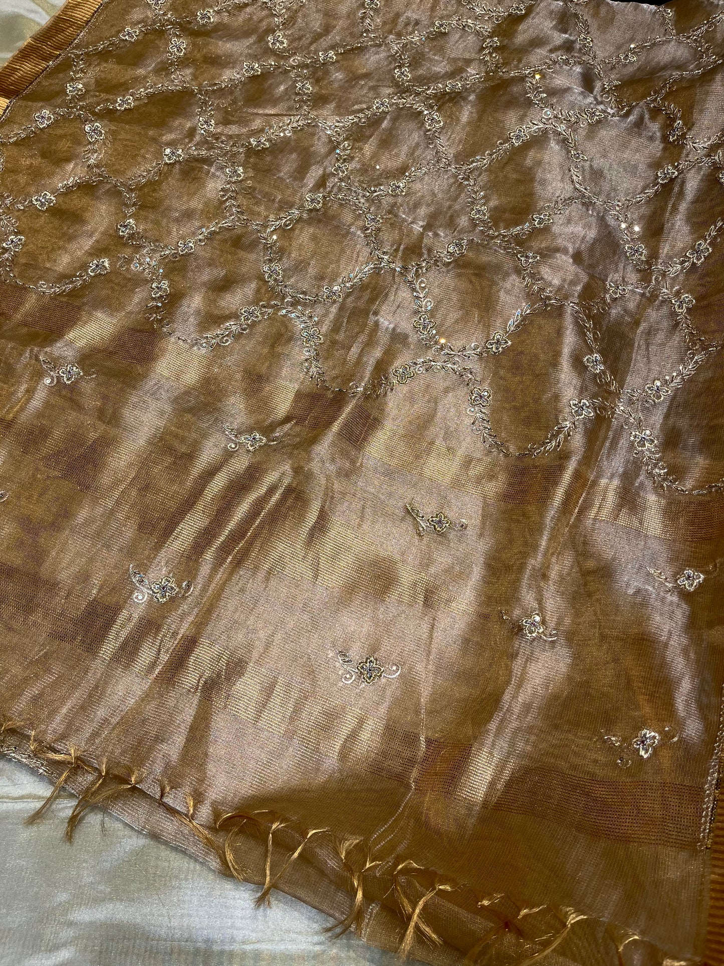 GOLDEN COLOUR MACLINO HAND EMBROIDERED SAREE EMBELLISHED WITH ZARDOZI & SEQUINS WORK ( DELIVERY IN 55 -60 DAYS ) - Kothari Sons
