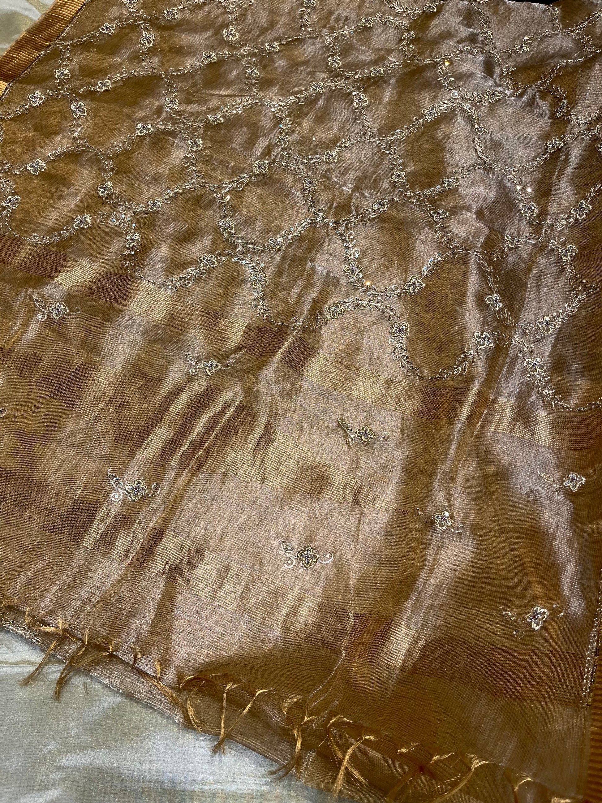 GOLDEN COLOUR MACLINO HAND EMBROIDERED SAREE EMBELLISHED WITH ZARDOZI & SEQUINS WORK ( DELIVERY IN 55 -60 DAYS ) - Kothari Sons