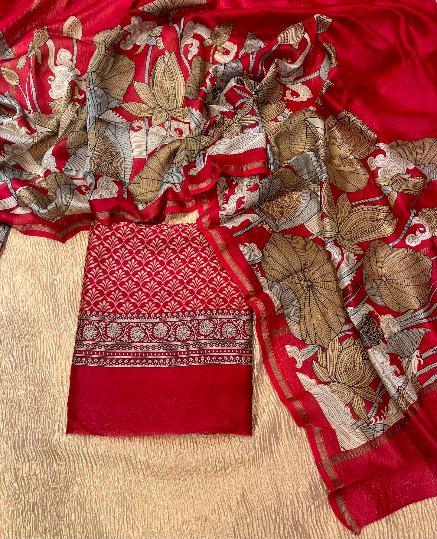 RED COLOUR CHANDERI SILK  PRINTED UNSTITCHED SUIT